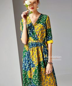 Đầm xòe tay lửng cổ V eo thun thắt nơ họa tiết hoa văn