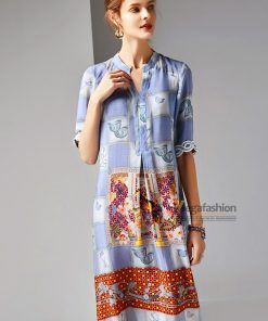 Đầm lụa cổ trụ tay lửng họa tiết hoa văn