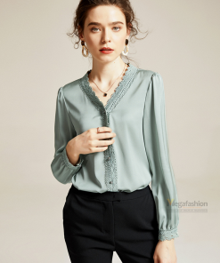 Áo lụa nữ tay dài cổ trụ viền bèo phối nơ