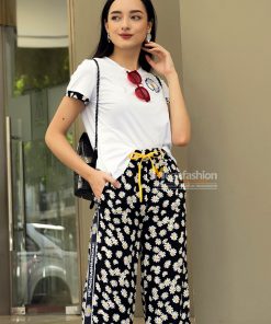 Set bộ gồm áo ngắn tay họa tiết hoa cúc và quần dài suông sườn chữ xẻ tà