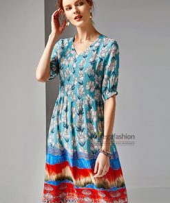 Đầm hoa ly ôm suông tay lửng cổ V phối sóng biển